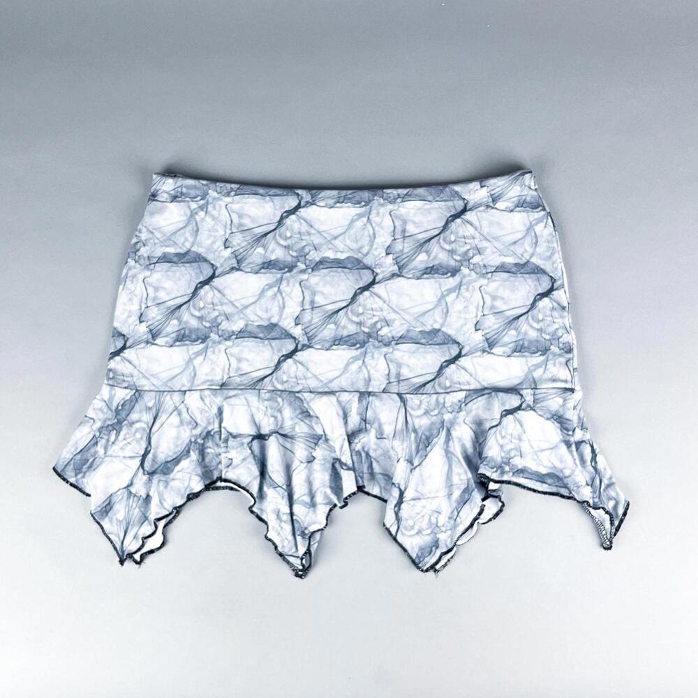 Patterned Mini Skirt | Upcycled Low Rise Grey Print Stretchy Skirt, Ruffled Hem